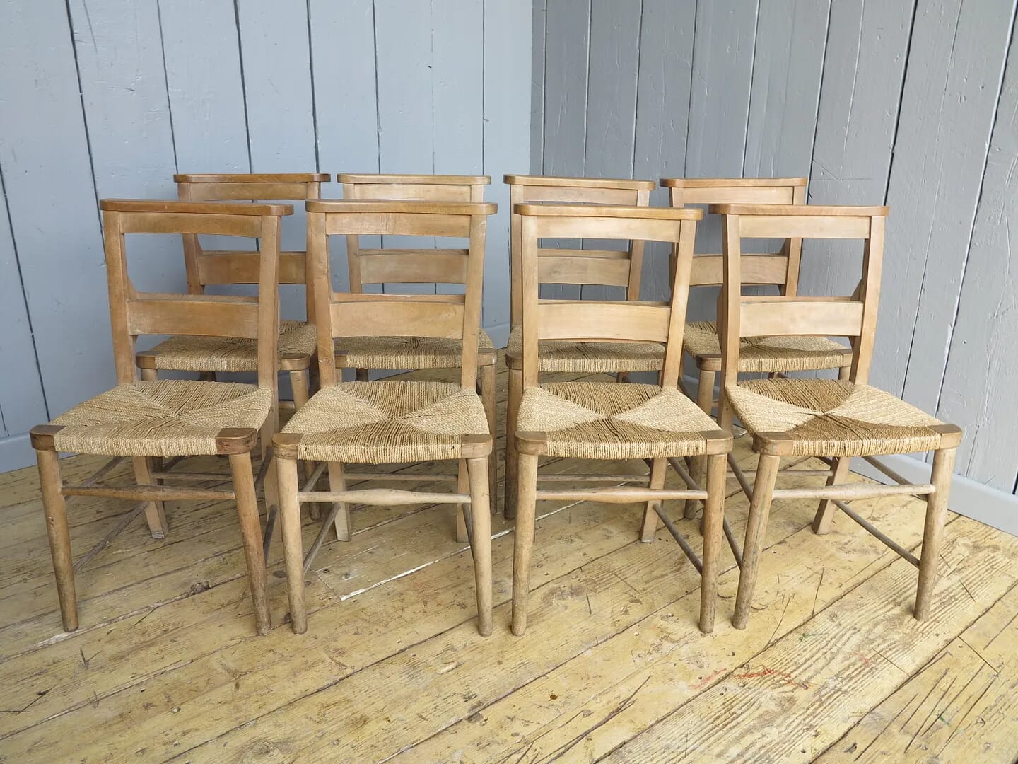 Set of 8 Antique Rush Seated Church Chairs - 7201