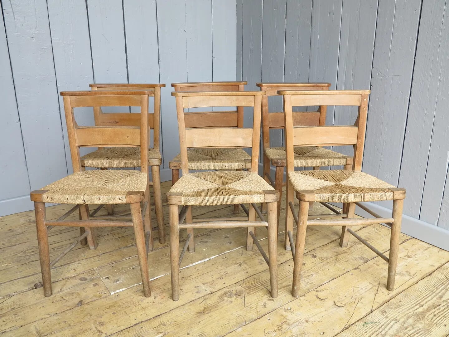Set of 6 Antique Rush Seated Church Chairs - 7200