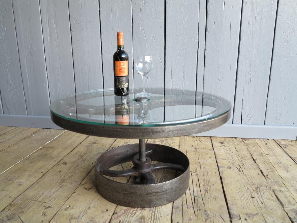 Large Vintage Industrial Glass and Cast Iron Coffee Table - 7179