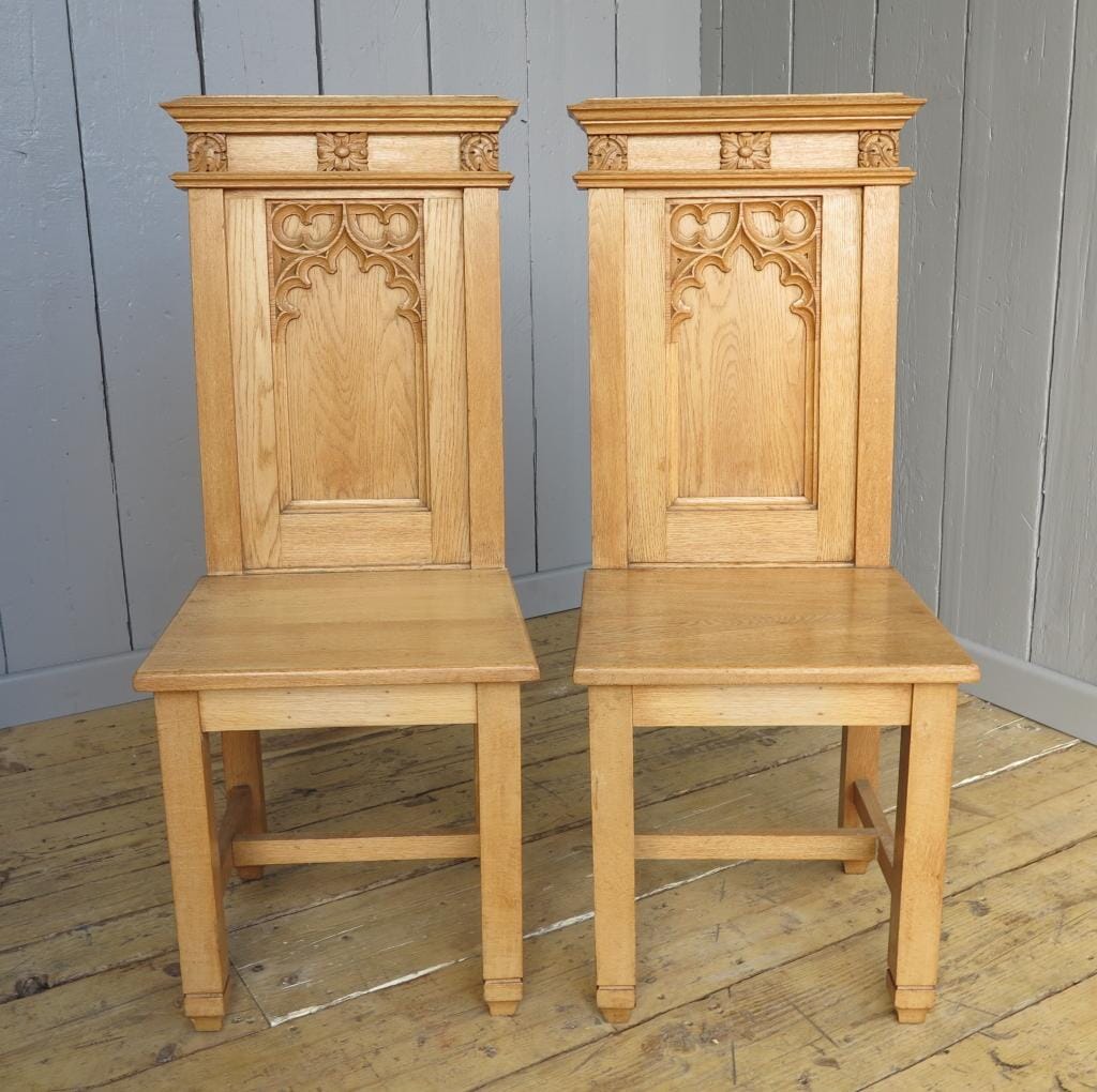 Pair of Solid Light Oak Antique Gothic Chairs - 7207