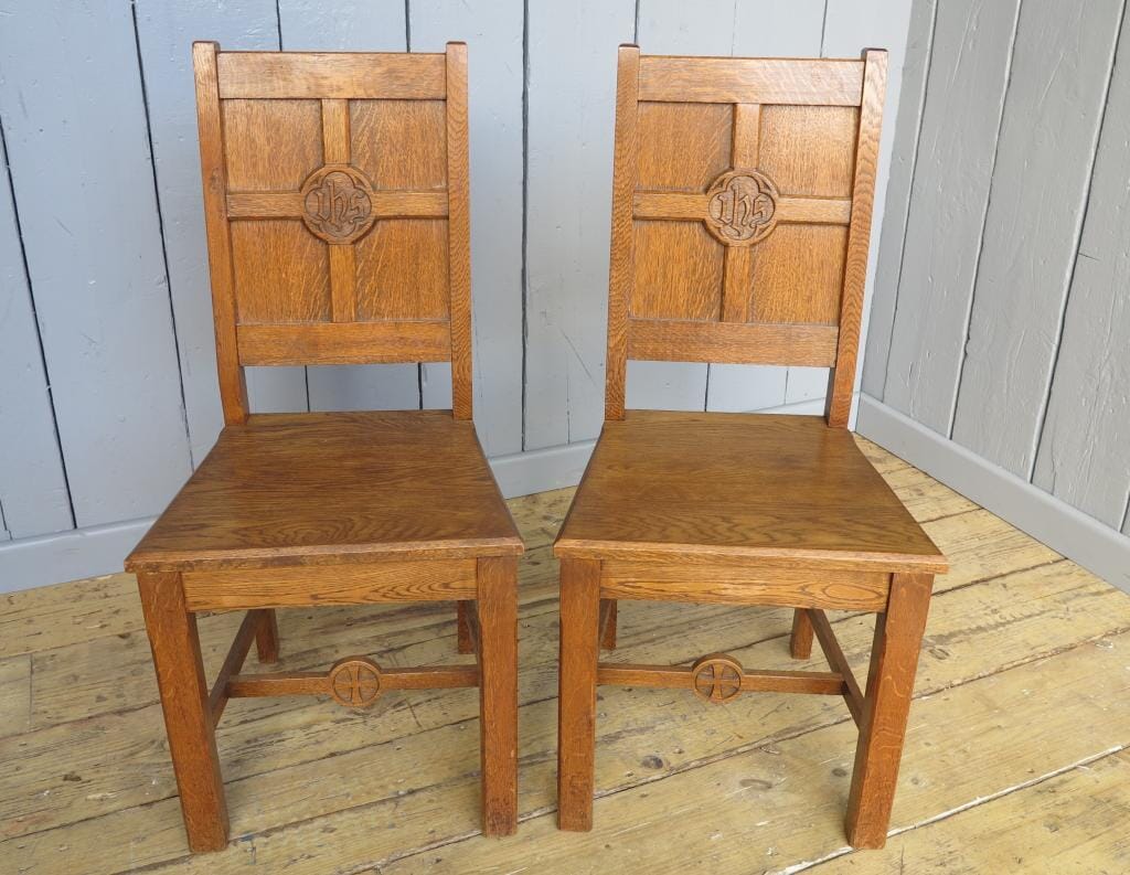 Pair of Solid Oak Antique Church Chairs - 7206