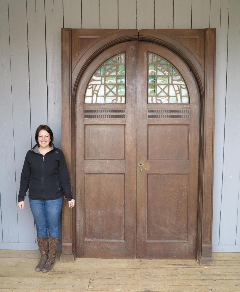 Large Pair of Victorian Oak and Stained Glass Arched Doors - 7262