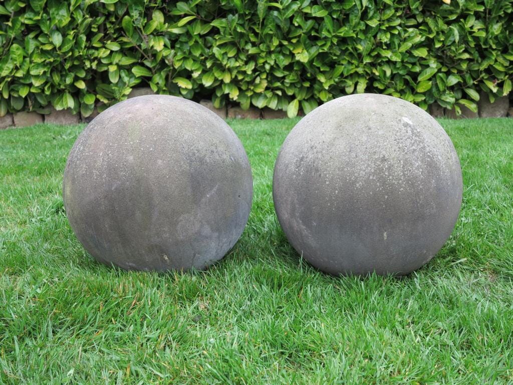 Pair of Antique Weathered Hand carved Stone Balls - 7287