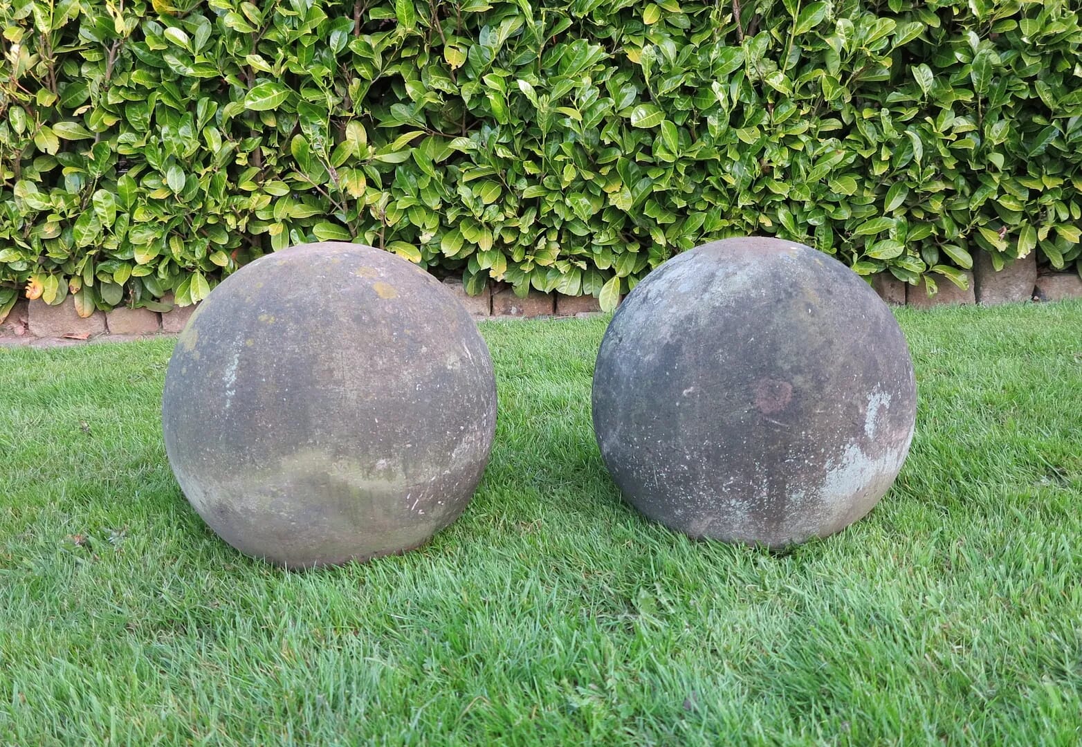 Large Pair Of Antique Hand Carved Stone Balls - 7284