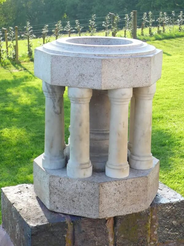 Miniature Antique Limestone and Marble Church Font - 3380