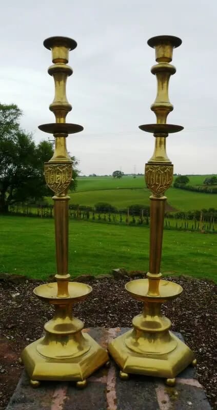 Original Pair Of Victorian Brass Candlesticks 27" Tall - 3391