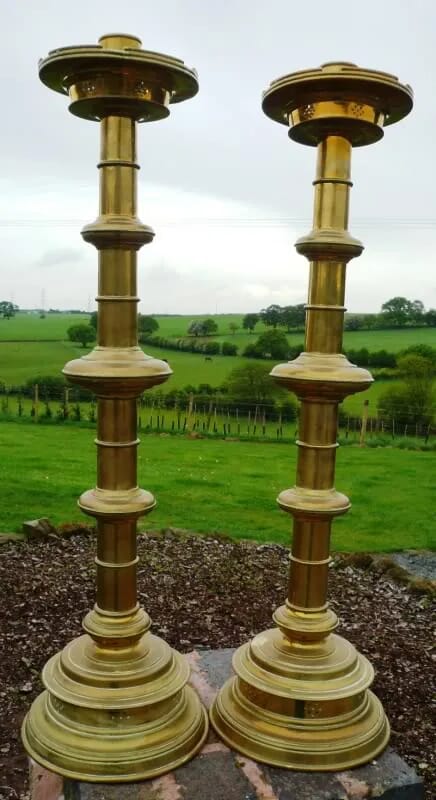 Original Pair Of Victorian Brass Candlesticks 31" Tall - 3393