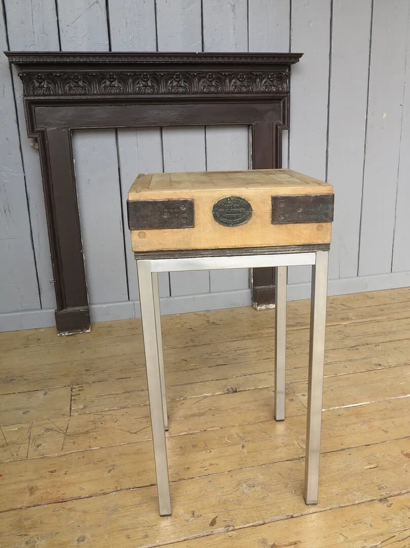 Antique Butchers Chopping Block On Stainless Steel Base - 7394