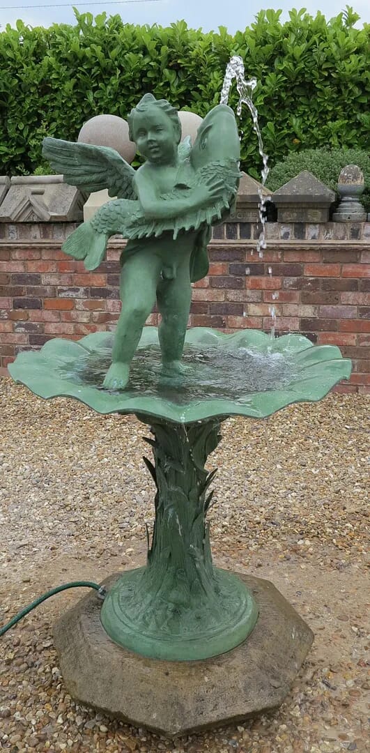 Vintage Bronze Fountain with Cherub and Fish on Stone Base - 7390
