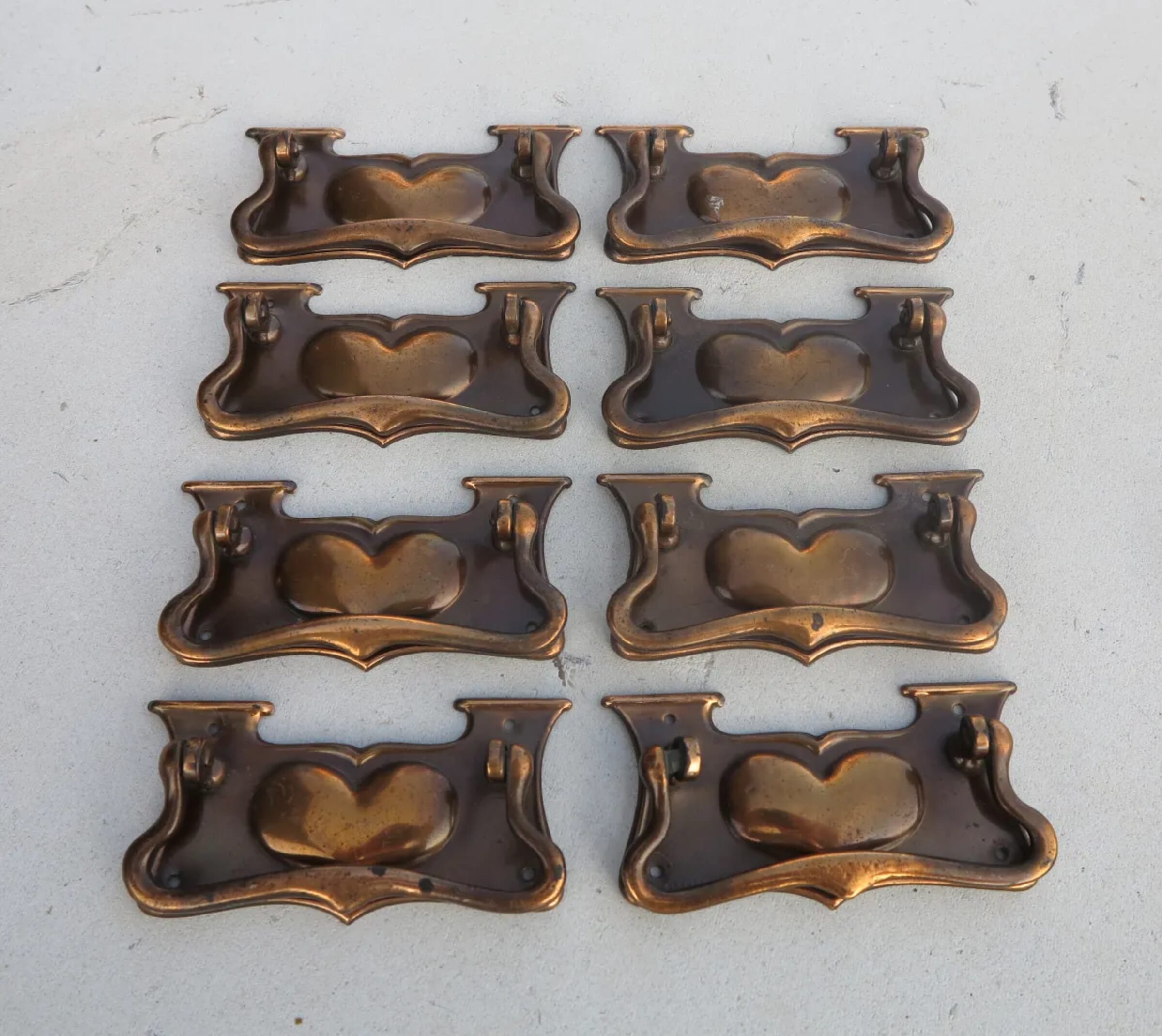 Set of 8 Antique Copper Art Nouveau Drawer Handles