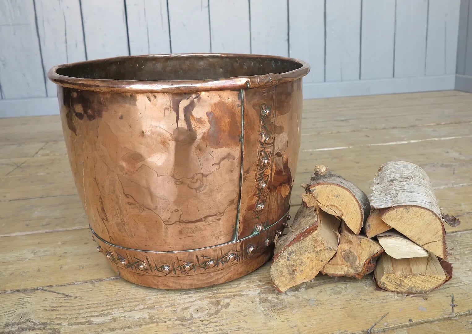 Vintage Riveted Copper Log Basket / Coal Storage - 7418