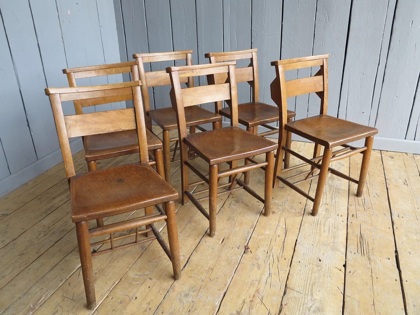 Set of 6 Reclaimed Church Or Chapel Chairs  - 7544