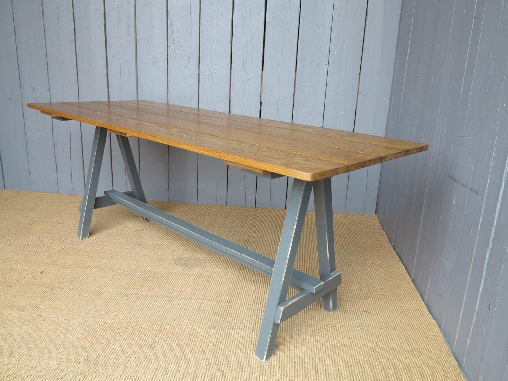 Oak Topped Trestle Table With a Distressed Base - 6978