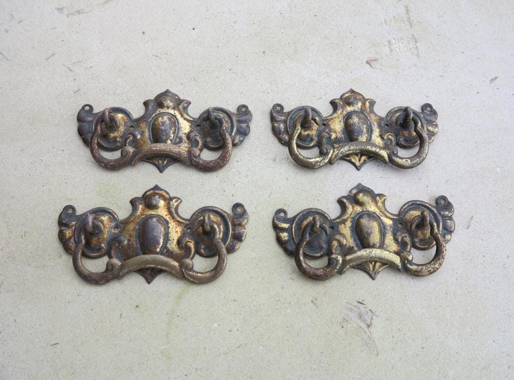 Set of 4 Antique Brass Art Nouveau Drawer Handles - 7632