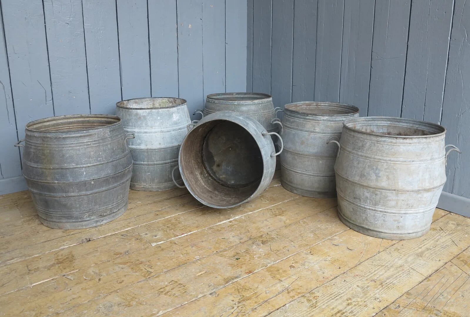 Vintage Galvanised Garden Planters With Handles - 7637