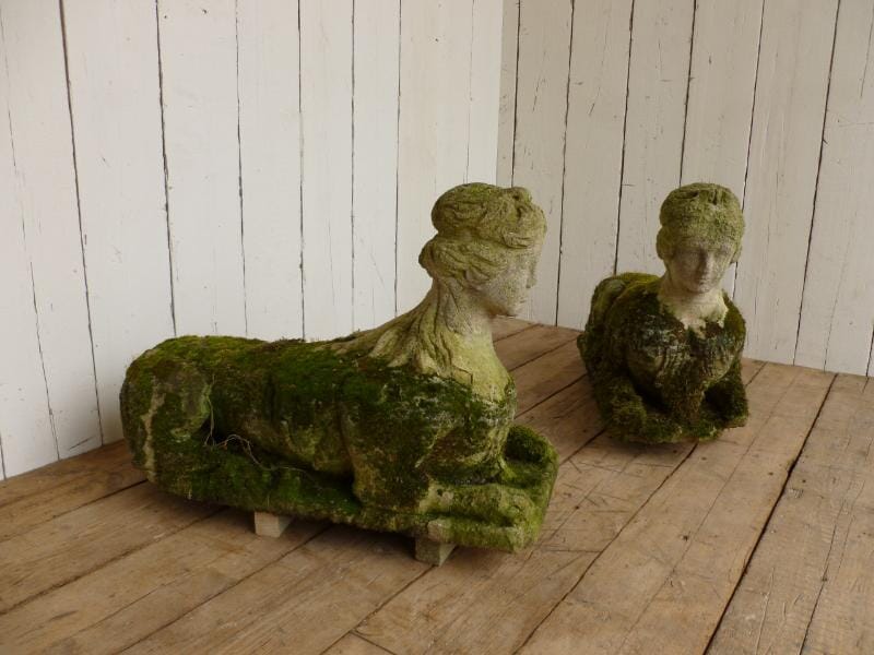 Pair of Antique Hand Carved Bath Stone Sphinx - 5957