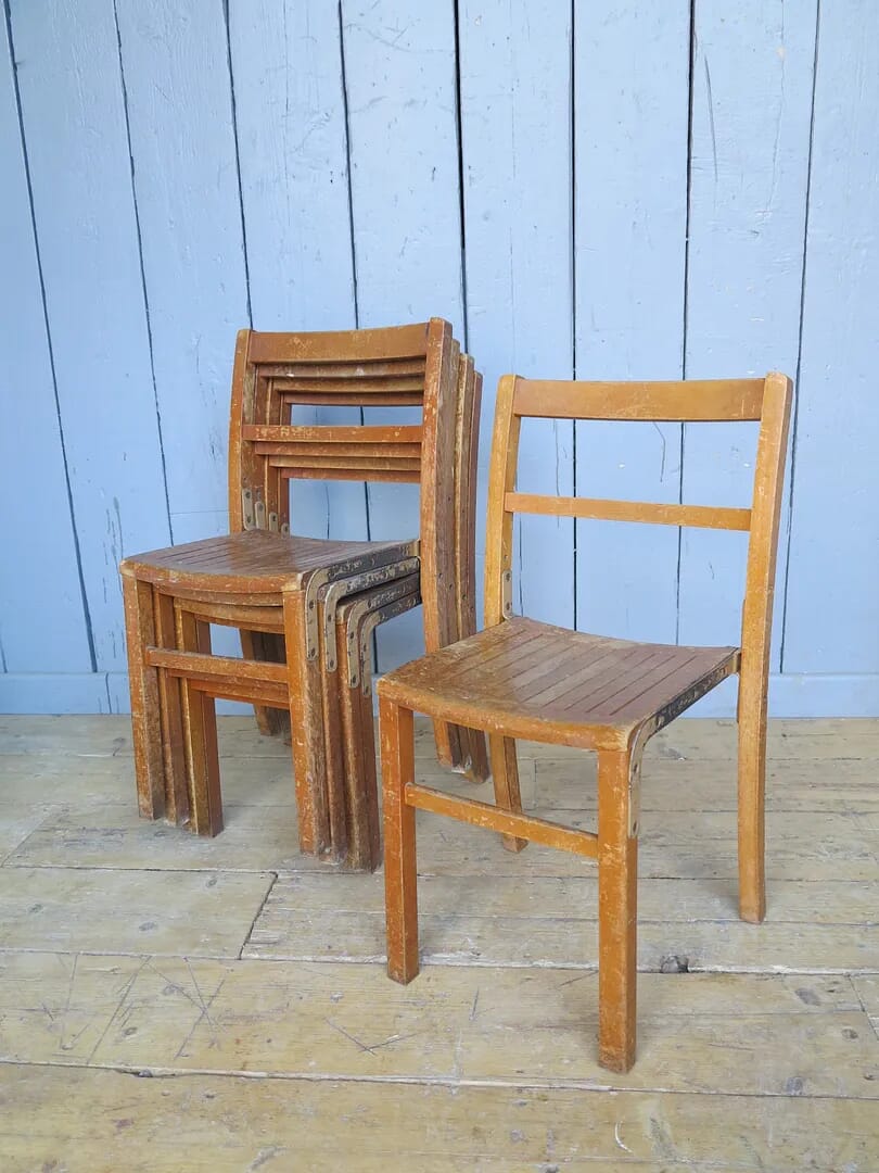 Old Reclaimed Vintage Wooden Stacking Chairs - 7688