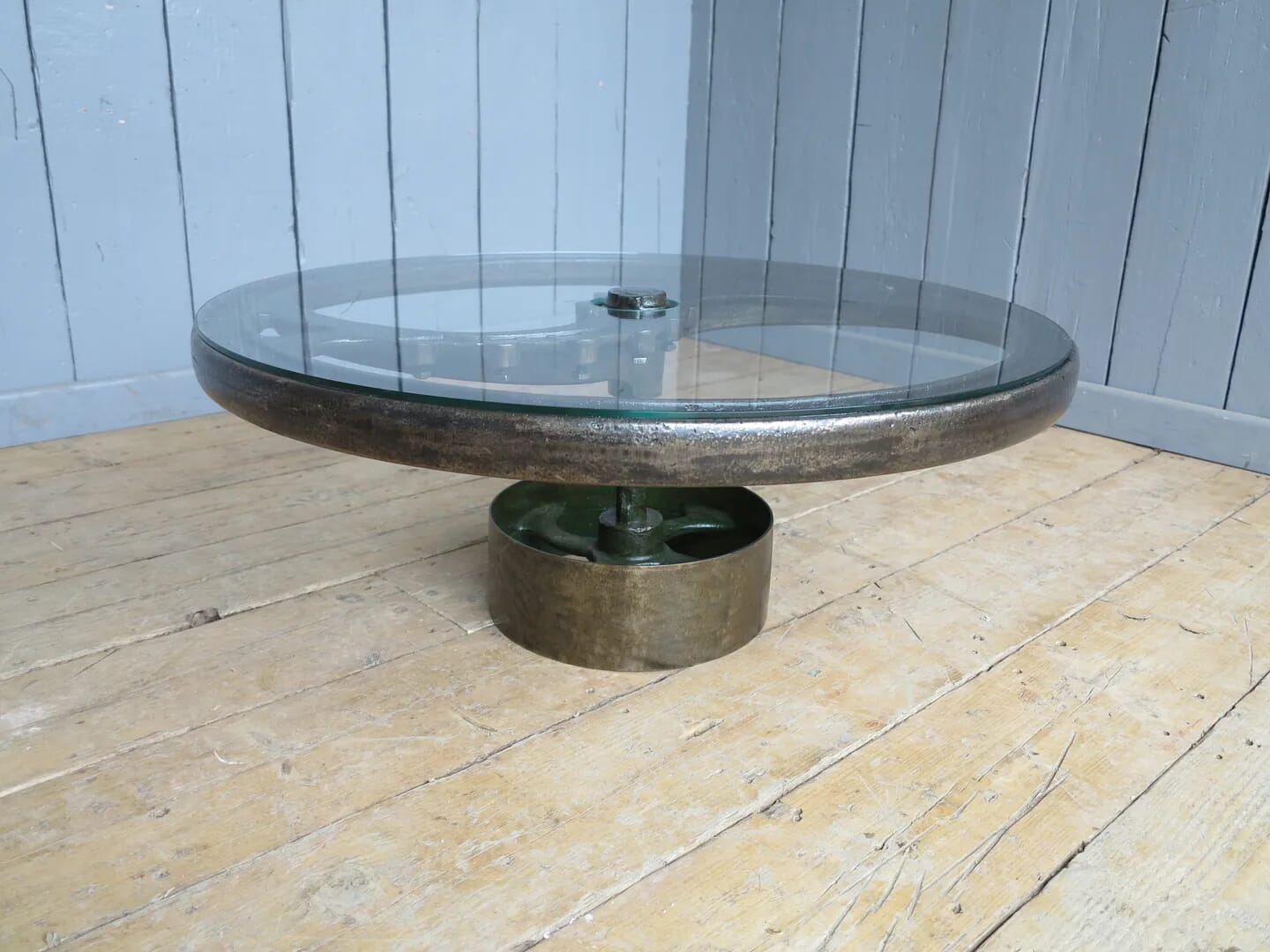 Vintage Glass and Cast Iron Industrial Coffee Table - 7708
