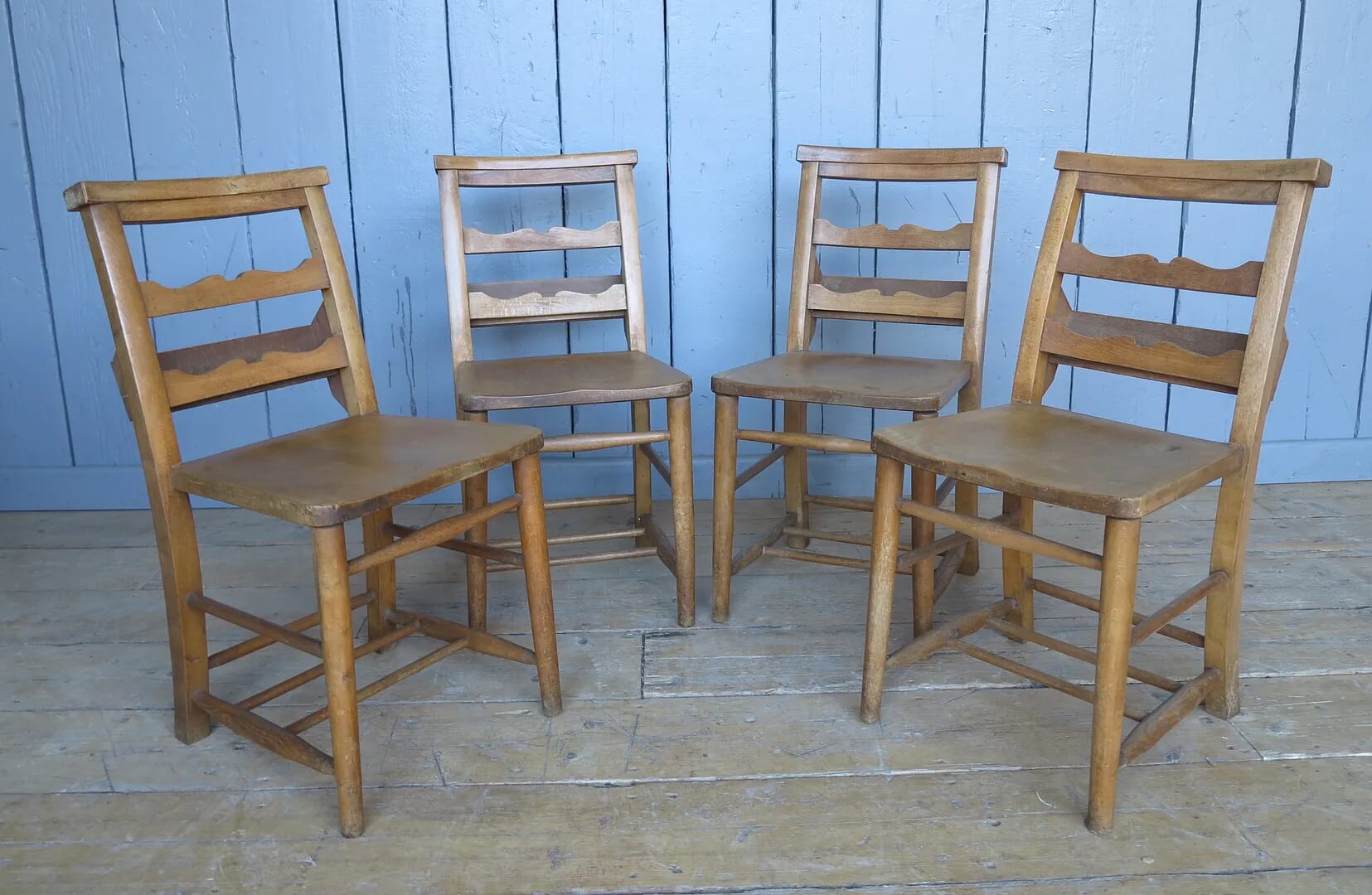 Set of 4 Antique Church Chairs with Lovely Back Rail Detail - 7736
