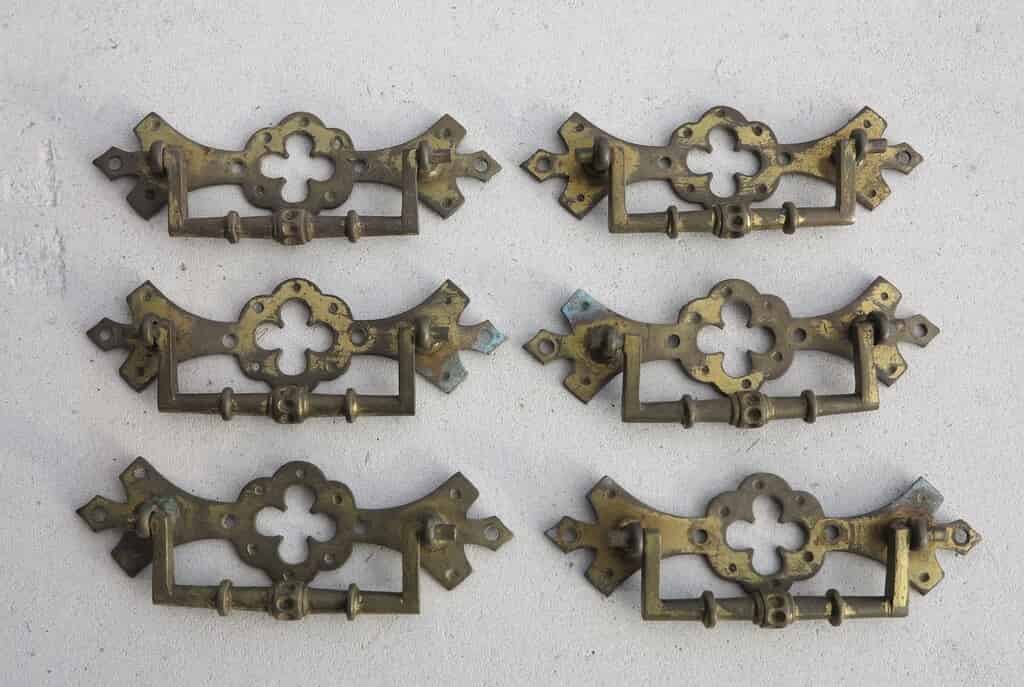 Set of 6 Antique Brass Gothic Drawer Handles
