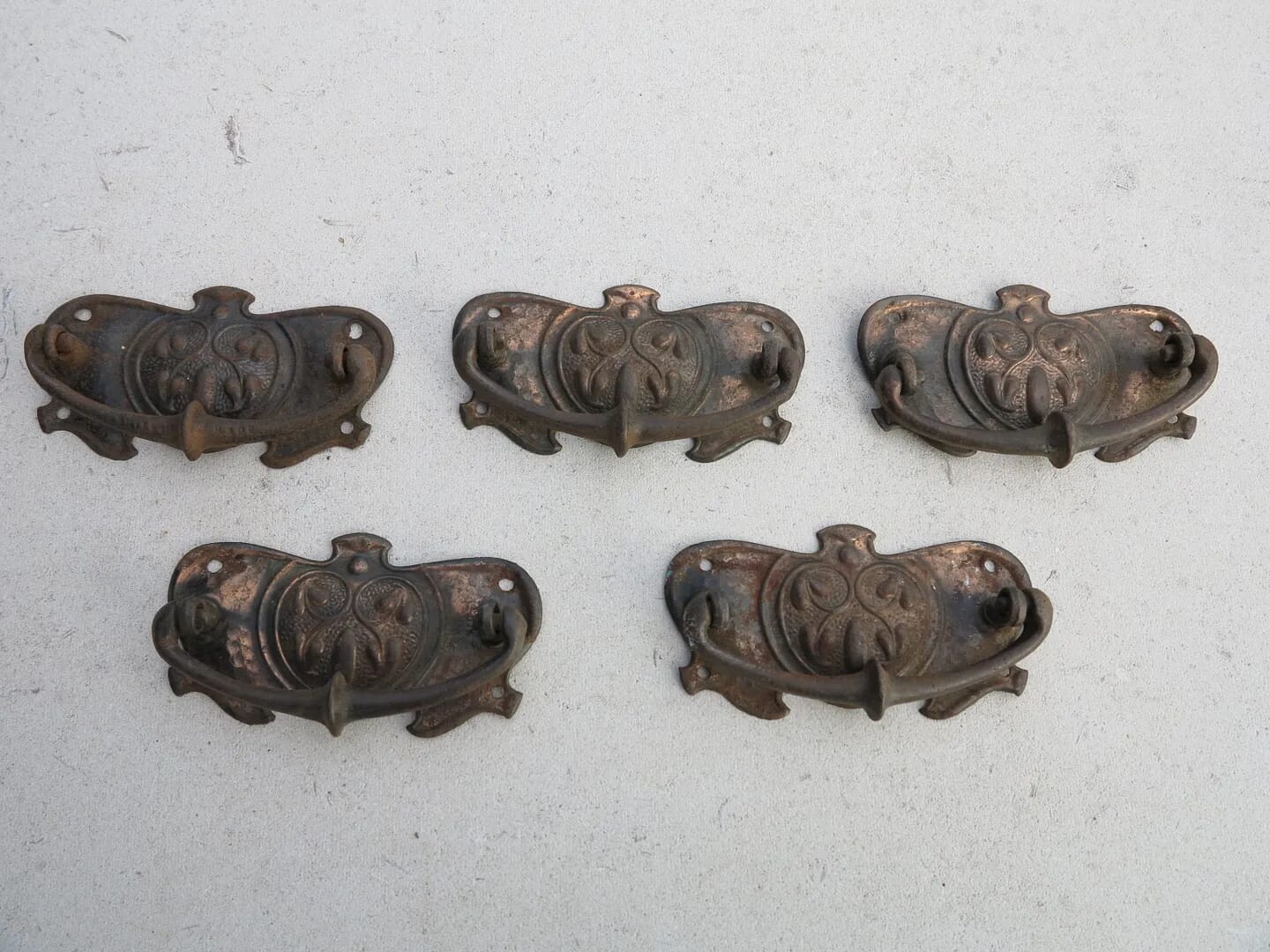Set of 5 Copper Art Nouveau Drawer Handles - 7756