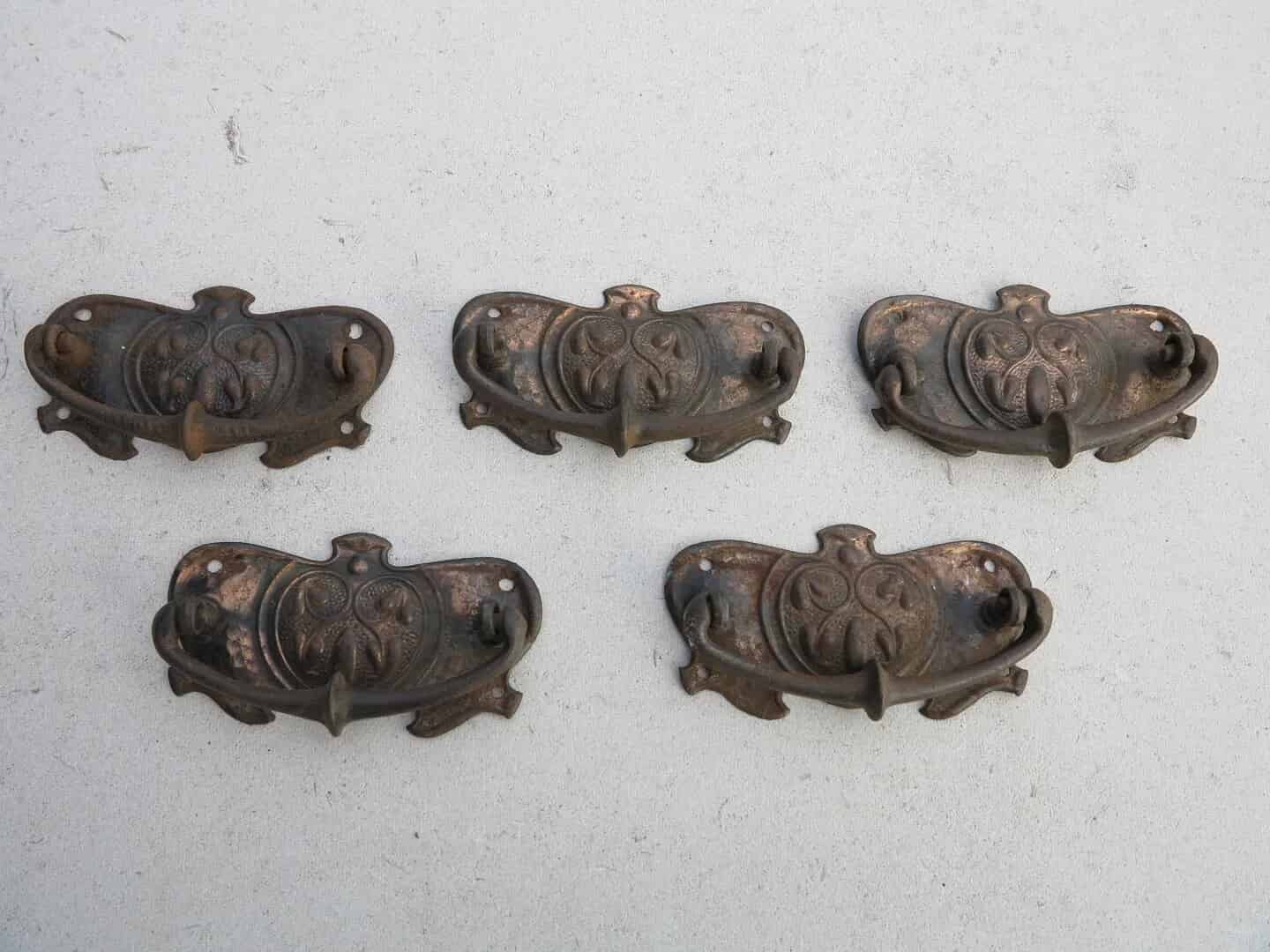 Set of 5 Copper Art Nouveau Drawer Handles
