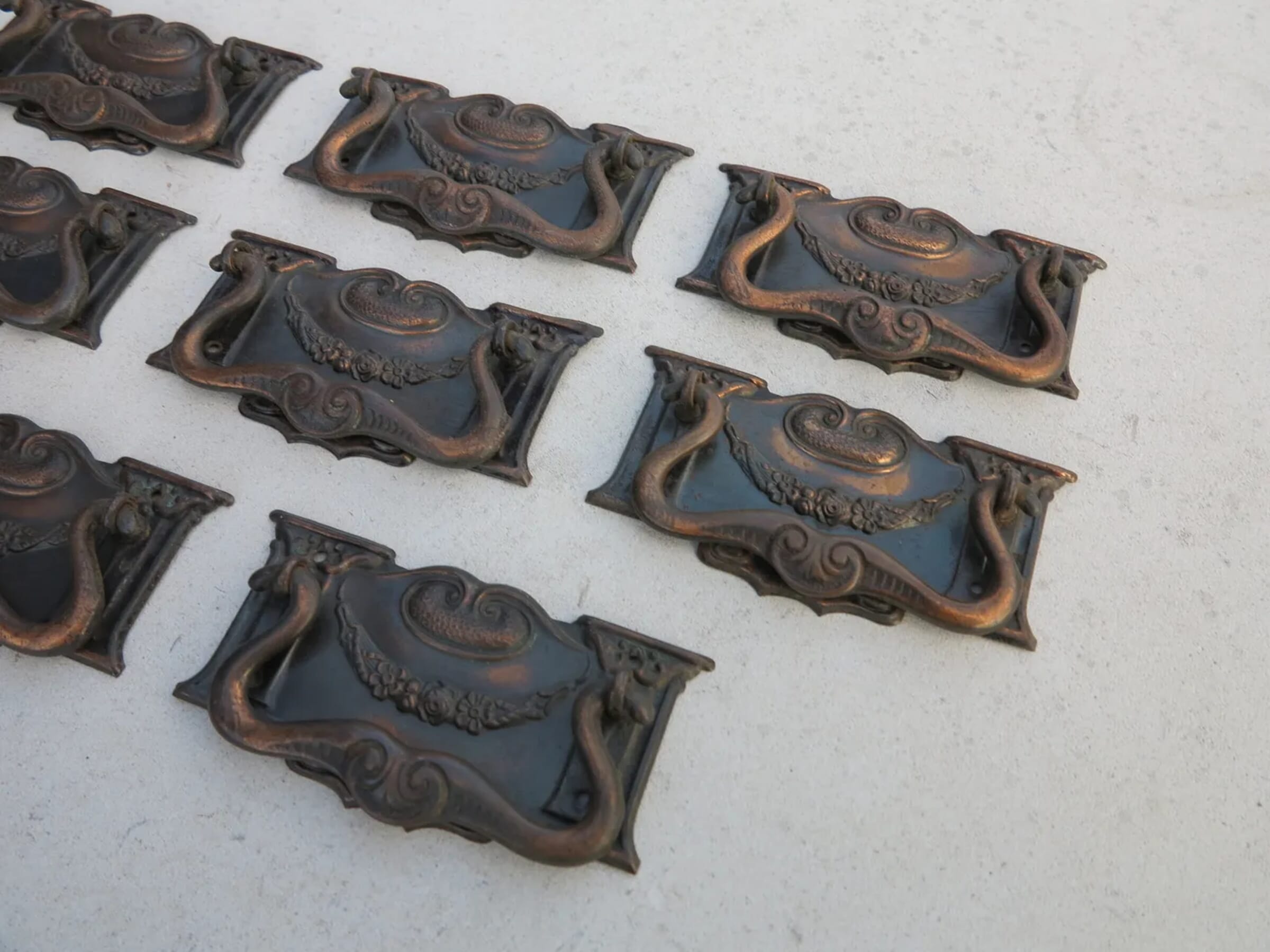 Set of 8 Copper Art Nouveau Drawer Handles