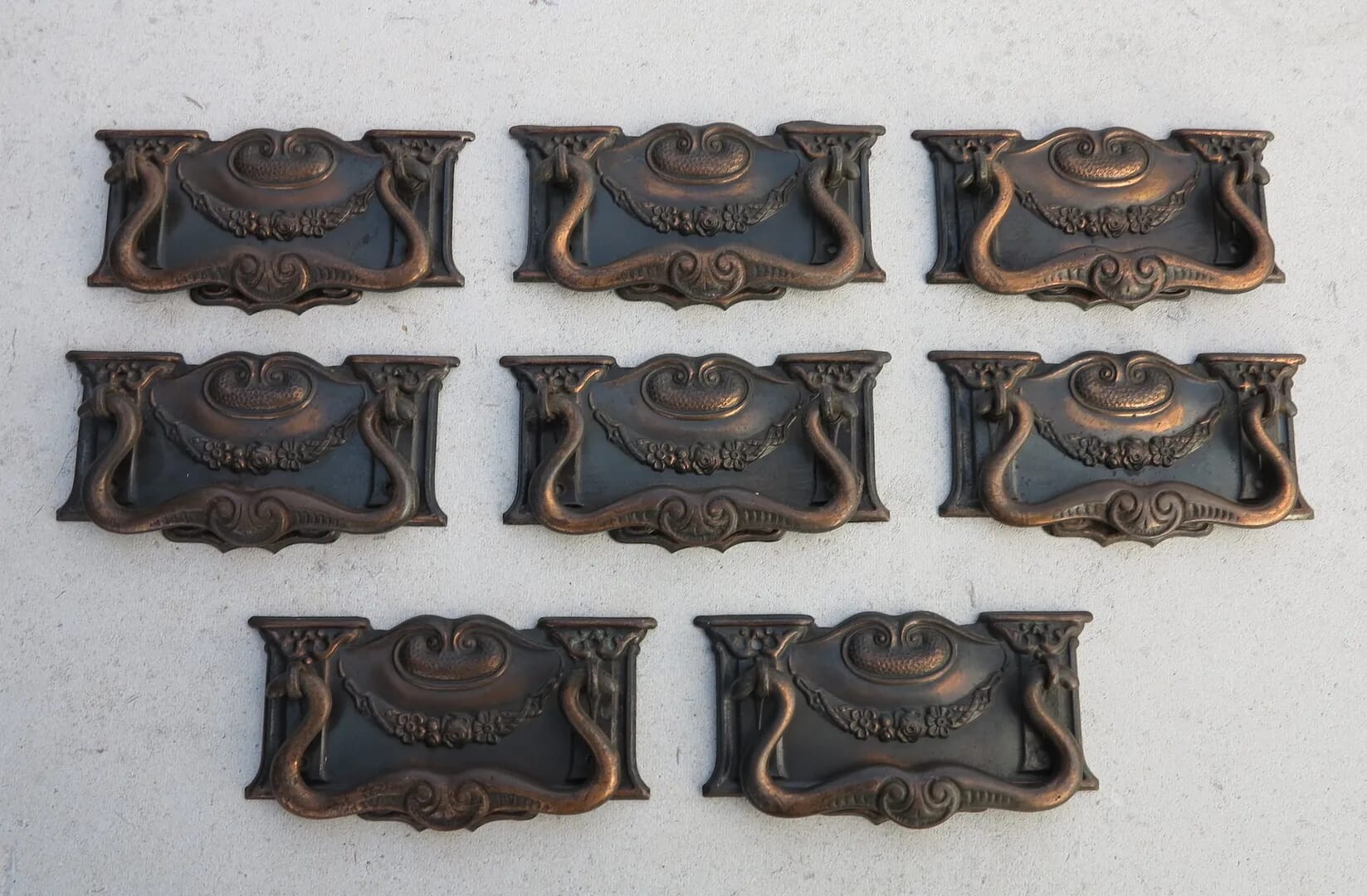 Set of 8 Copper Art Nouveau Drawer Handles - 7760