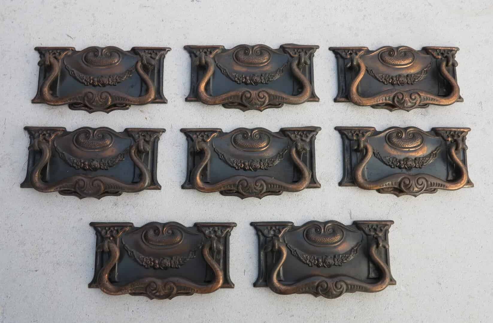 Set of 8 Copper Art Nouveau Drawer Handles