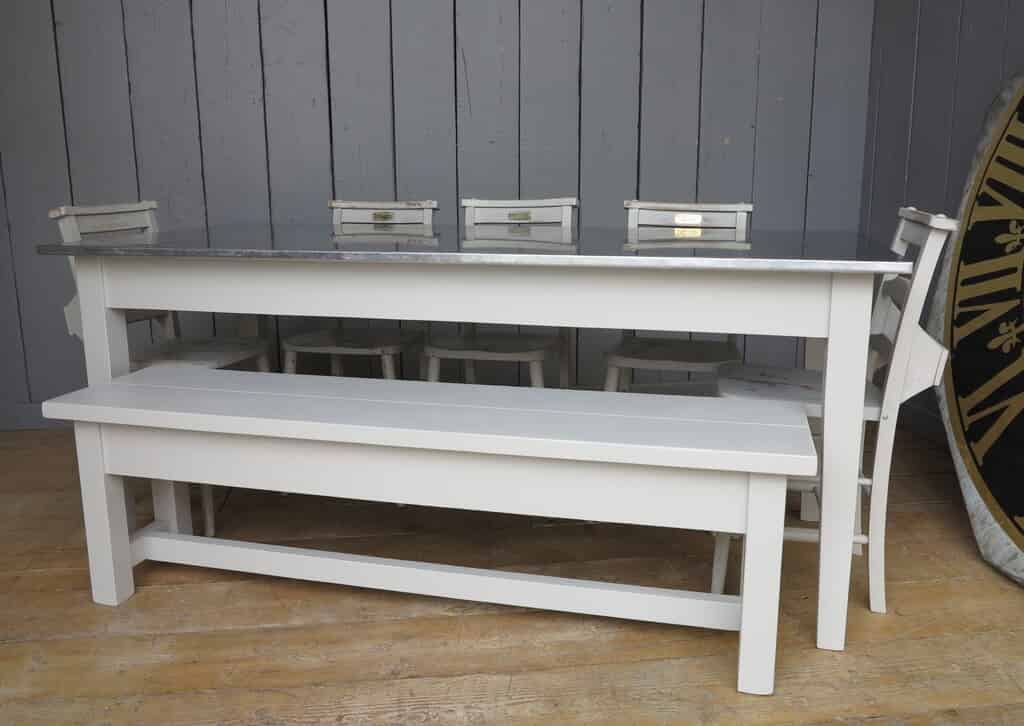 Matt Zinc Topped Table With Painted Bench & Chairs Made To Order
