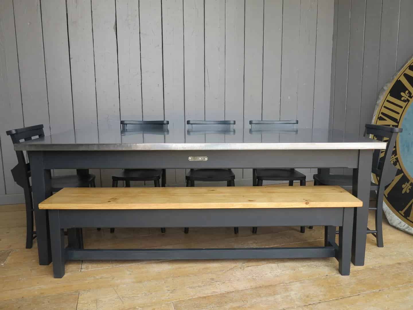 Natural Zinc Topped Table With Painted Bench & Chairs Made To Order