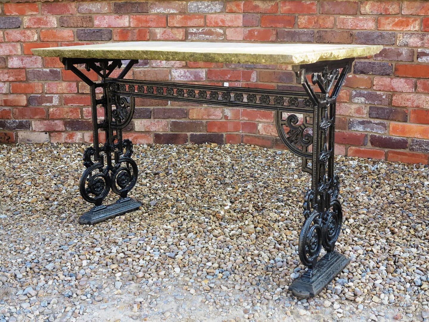 Antique Cast Iron Garden Table With Stone Top - 7817