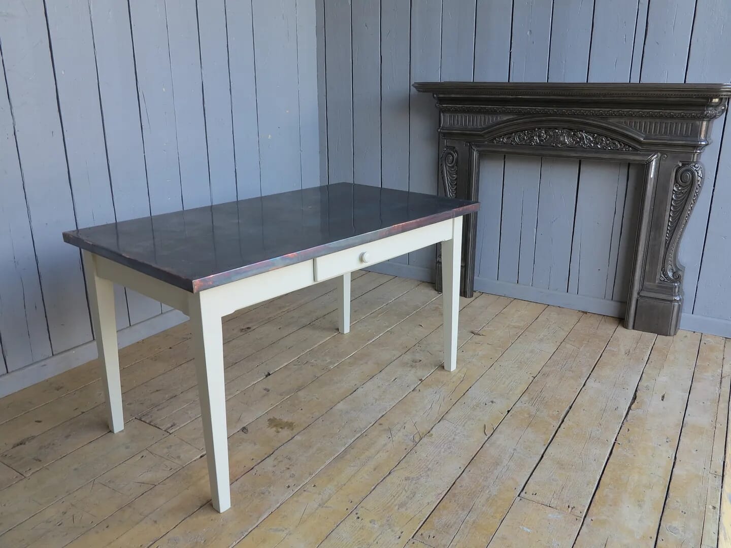 Antique Copper Table with Drawer and Nail Detail - 7828