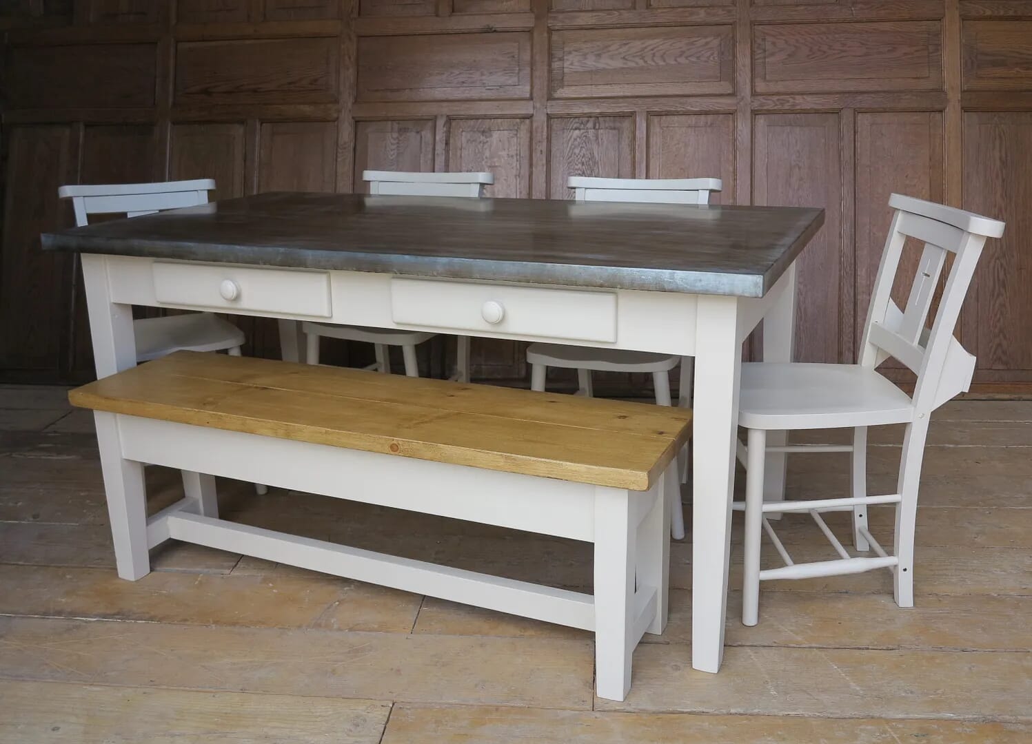 Natural Antiqued Zinc Topped Table With Painted Bench & Chairs - 7843/7844
