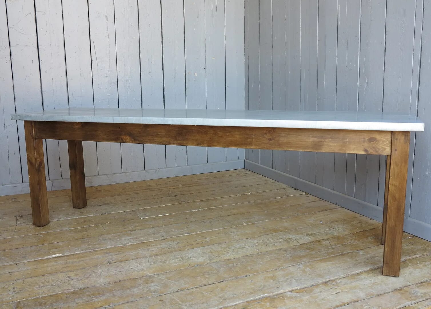 Antiqued Distressed Zinc Top Table With Jacobean Finish Base - D1014