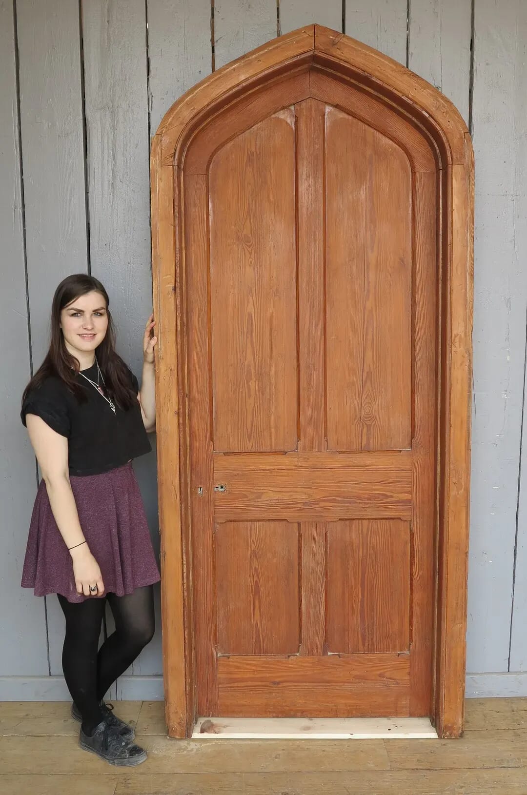 Antique Pitch Pine Gothic Arched Door & Frame - 7870B