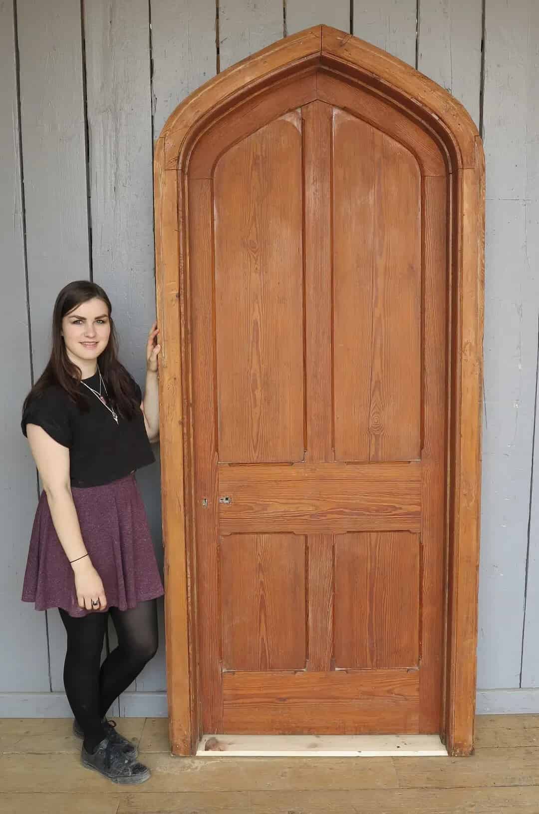 Antique Pitch Pine Gothic Arched Door & Frame