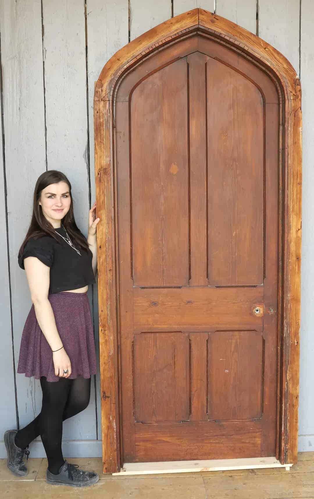 Antique Reclaimed Pitch Pine Gothic Arched Door & Frame