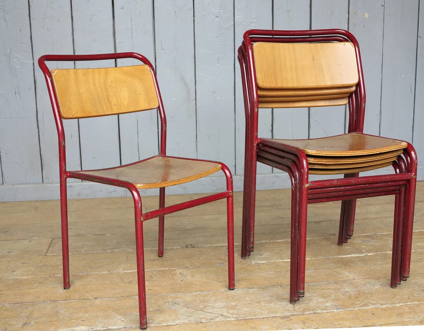 Red Tubular Plywood Seat Stacking Chairs - 7884B