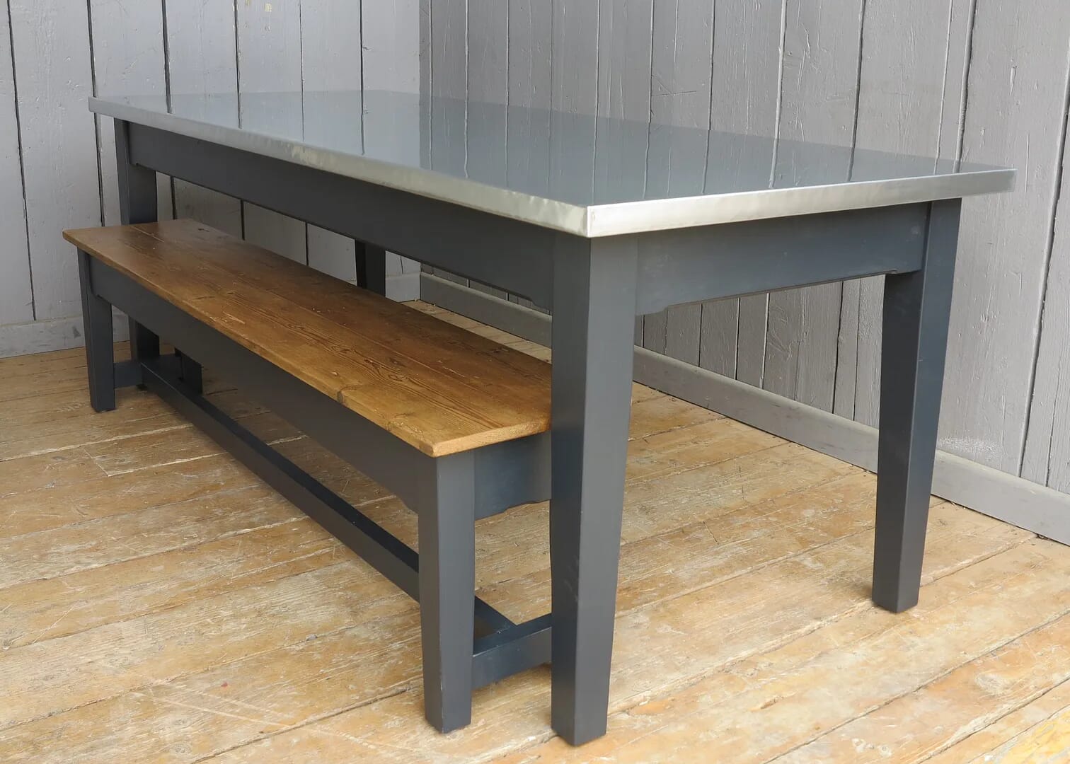 Natural Zinc Table & Floorboard Top Bench - 7888
