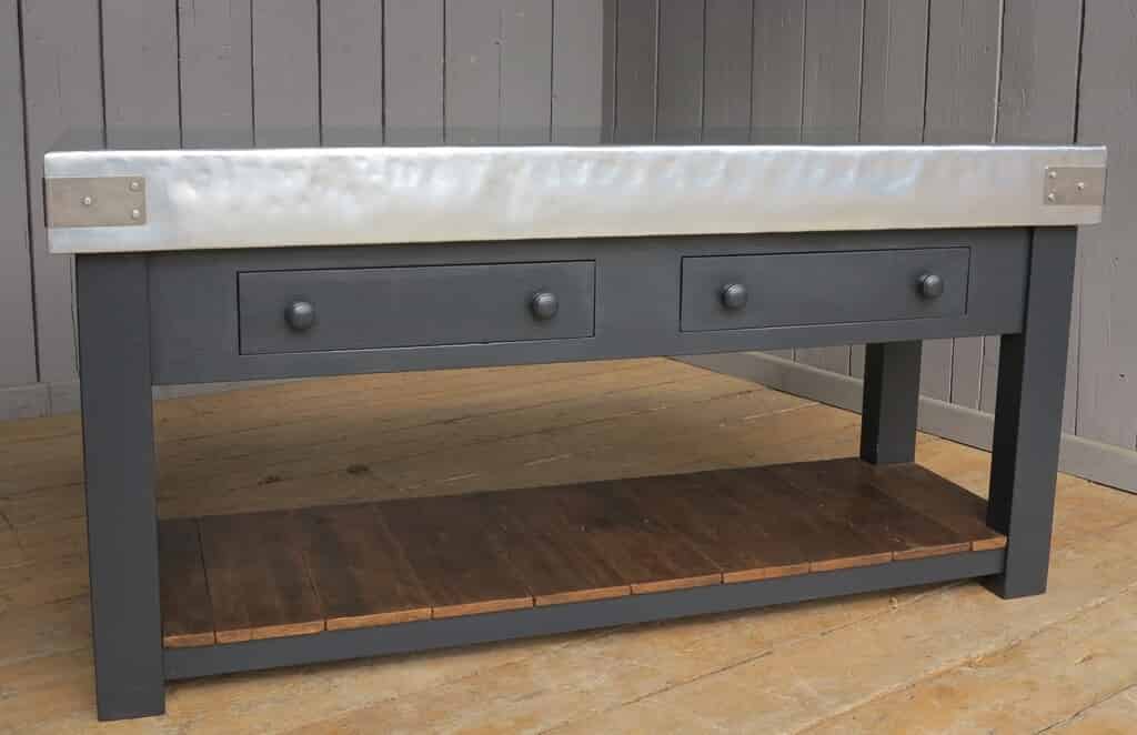 Natural Zinc Butchers Block With Floorboard 2 Drawers and hand waxed Shelf
