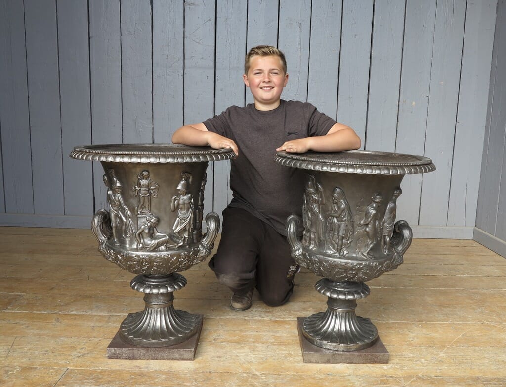 Magnificent Hand Burnished Medici Cast Iron Urns - 7906