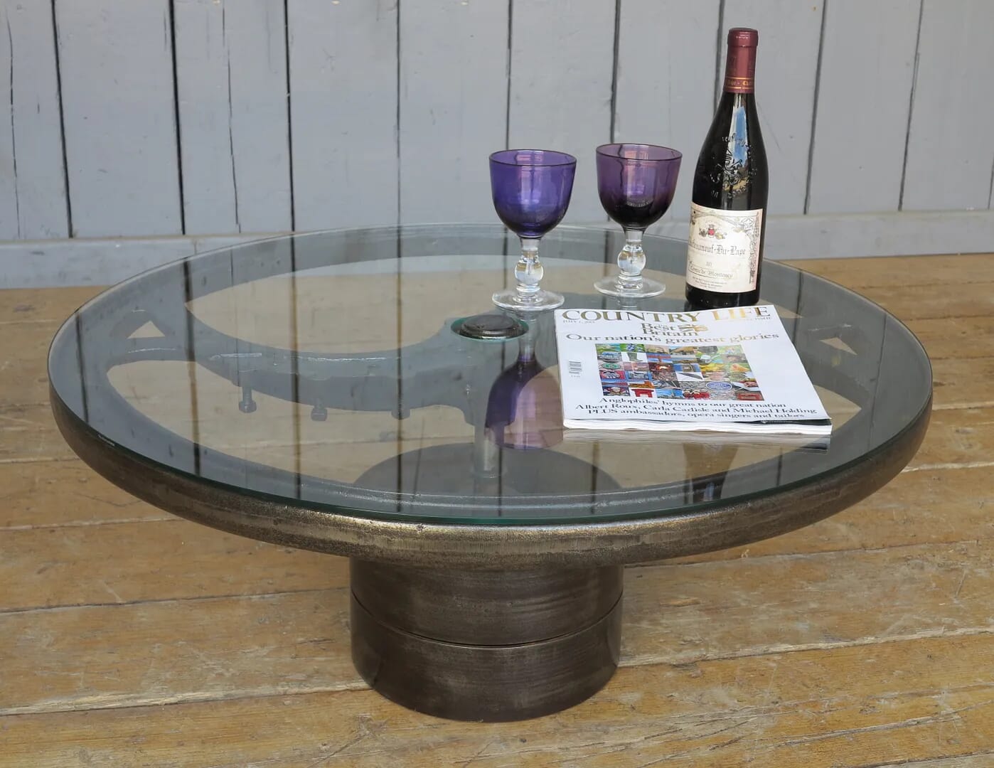 Vintage Industrial Glass and Cast Iron Coffee Table - 7929