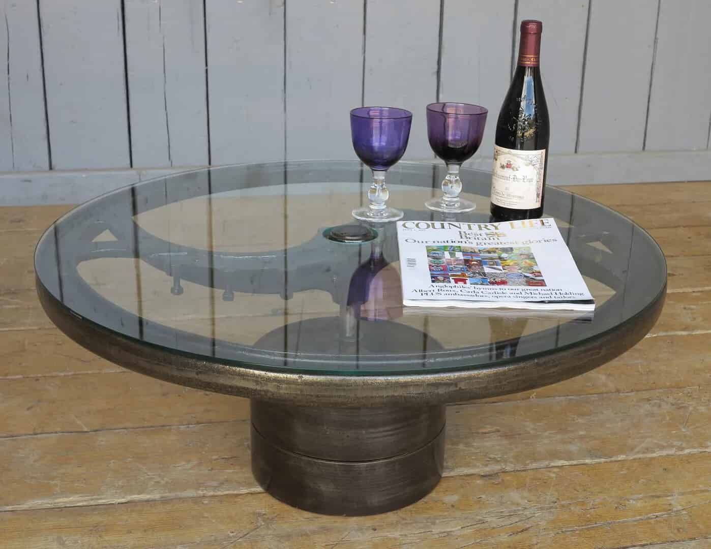 Vintage Industrial Glass and Cast Iron Coffee Table