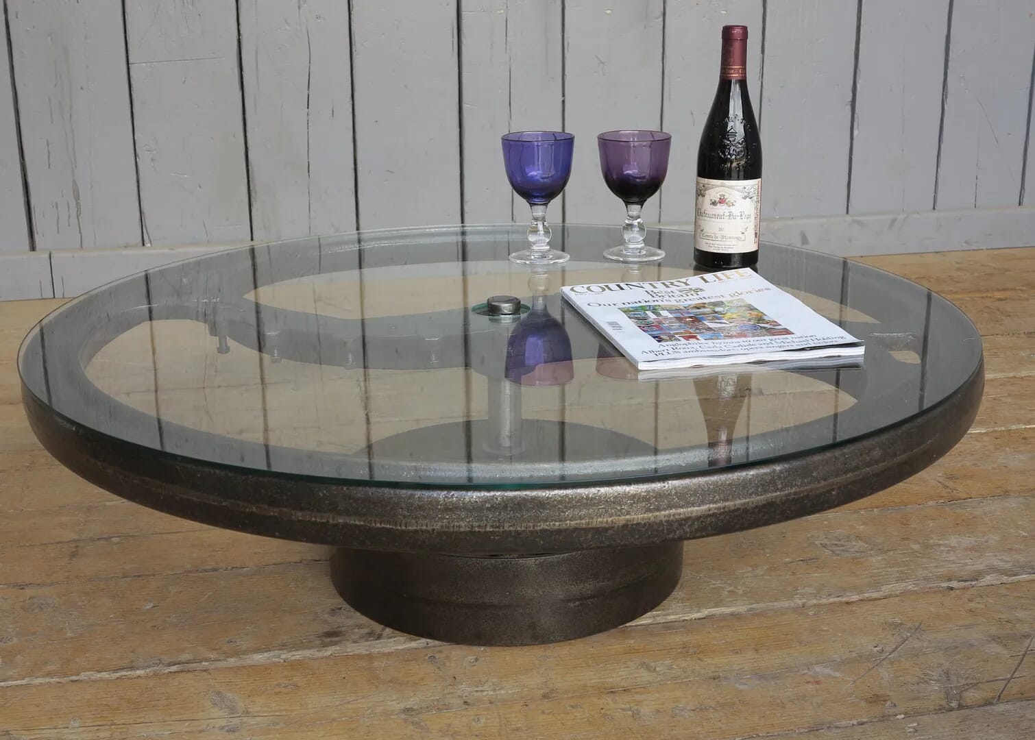 Glass & Cast Iron Vintage Industrial Coffee Table - 7930