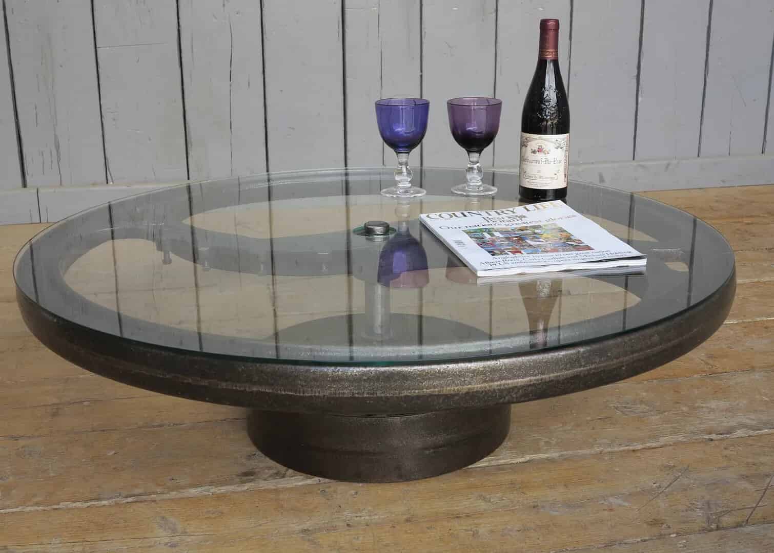 Glass & Cast Iron Vintage Industrial Coffee Table