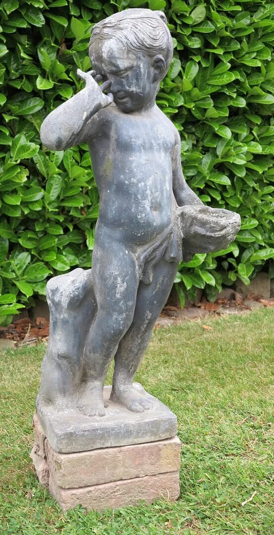 Antique Lead Statue of a Girl Holding a Bird's Nest - 7942