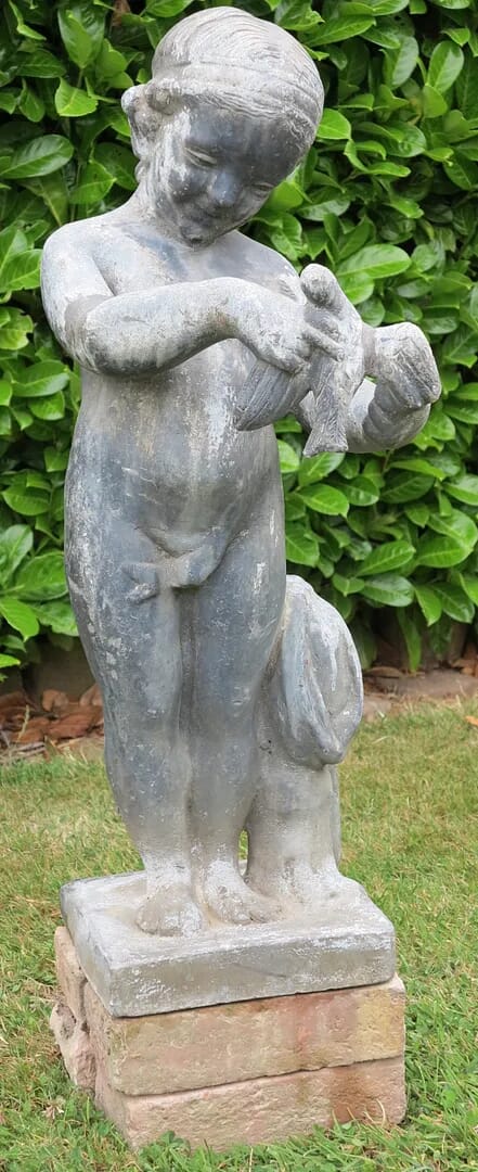 Antique Lead Statue of a Girl Holding a Bird - 7943