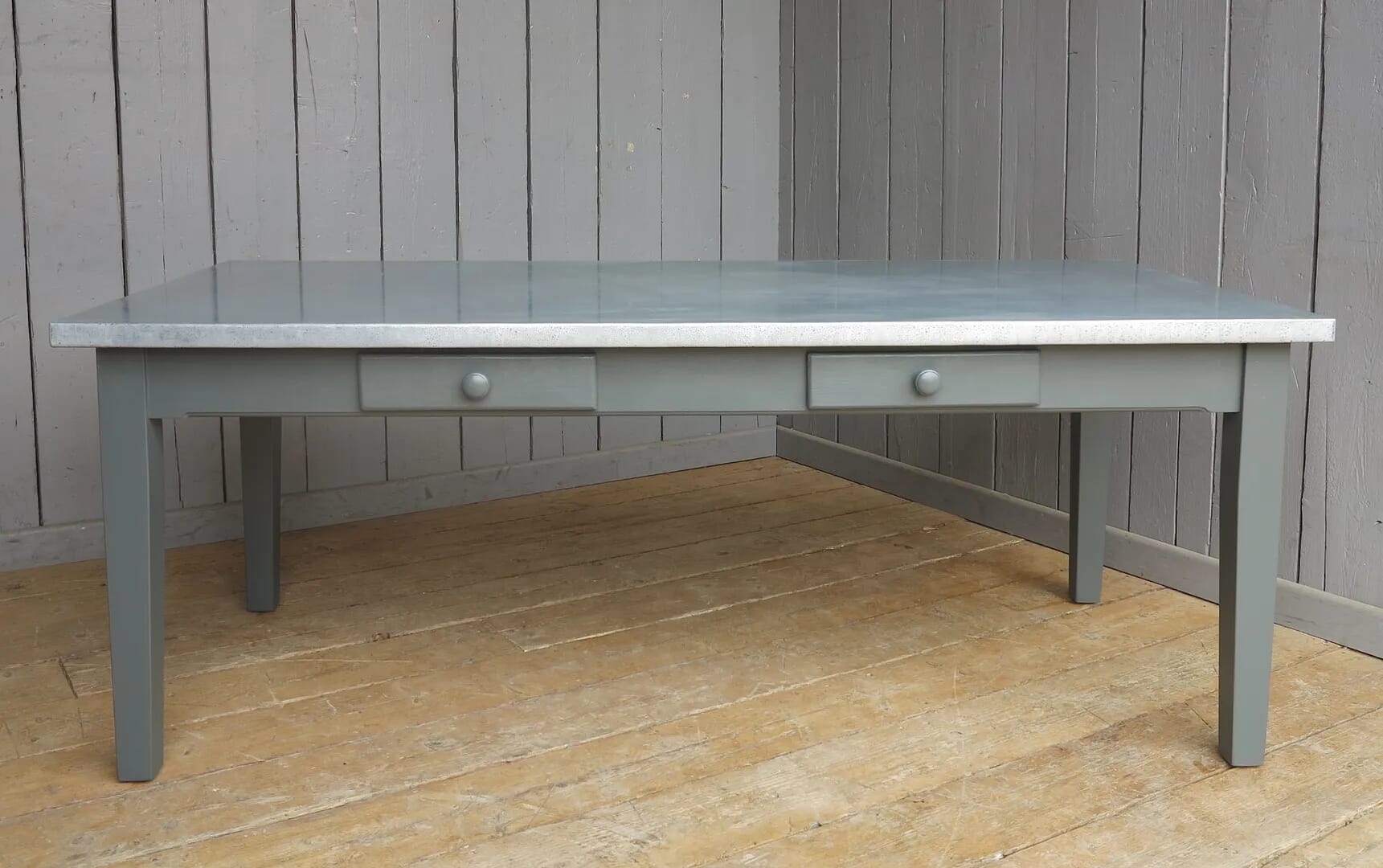 Antiqued Distressed Zinc Top Table With Drawers - 7916