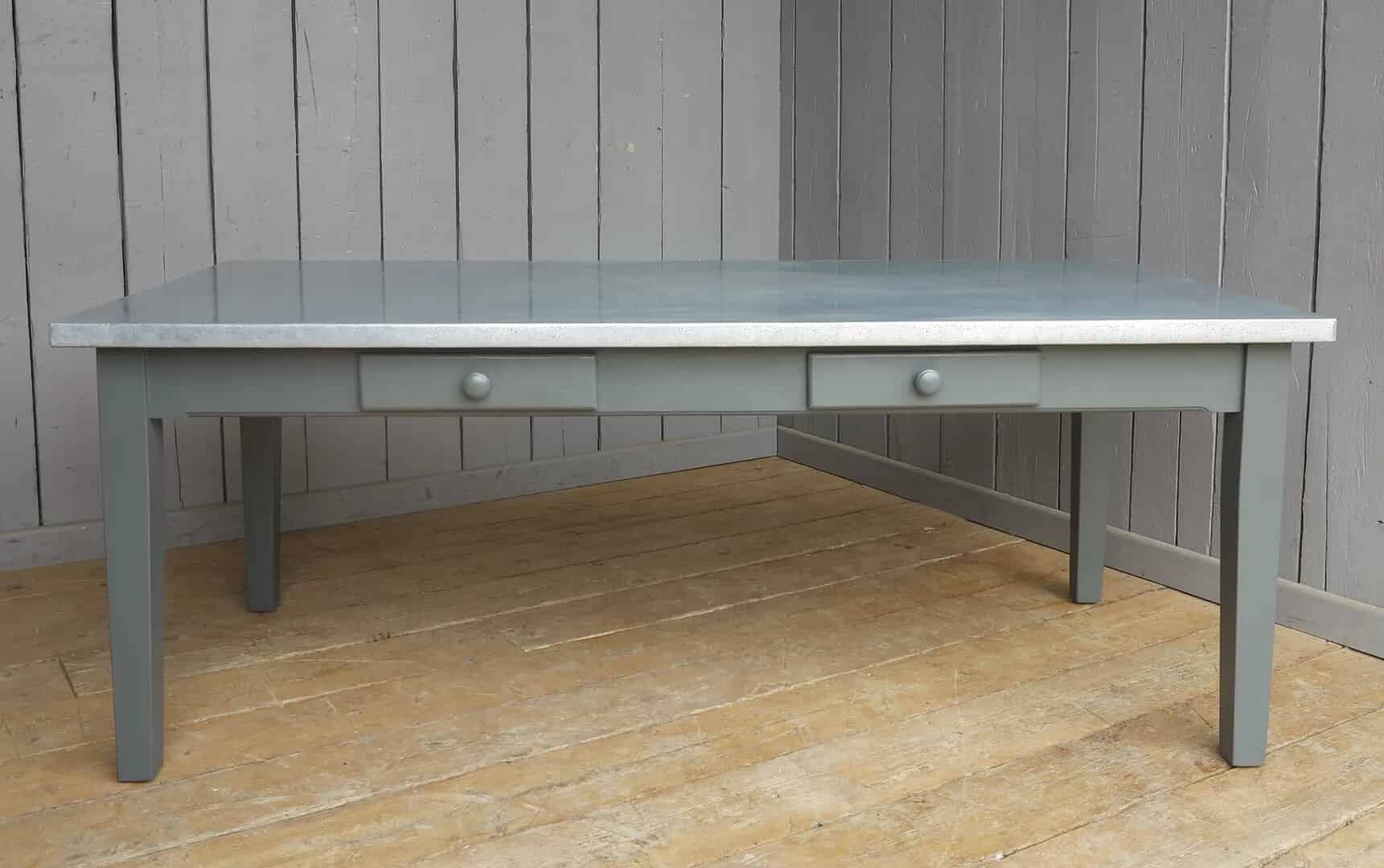 Antiqued Distressed Zinc Top Table With Drawers